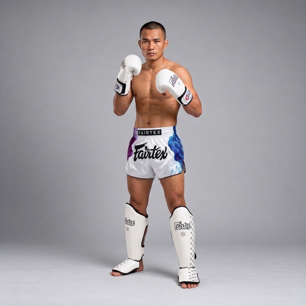 Fighter in white Fairtex gloves, shorts and full shin guards, front view